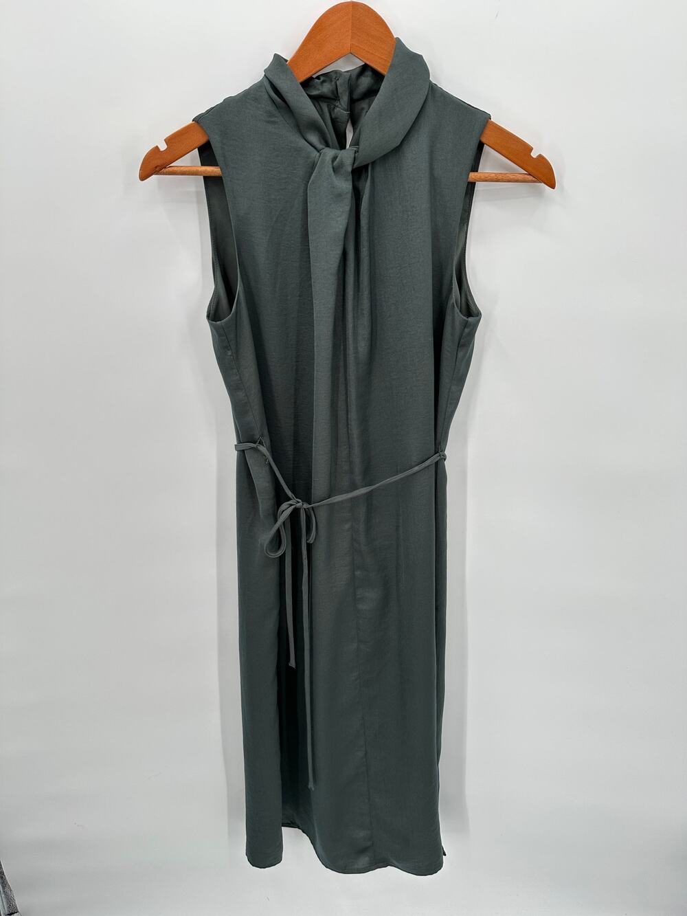 BANANA REPUBLIC NWT Gunmetal Green High Twist Neck Satiny Midi Dress // 2 Petite